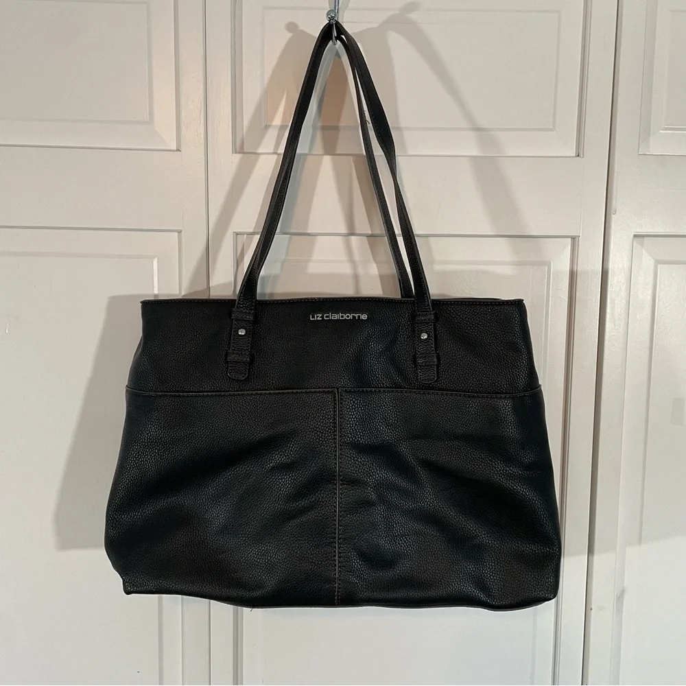 Liz Claiborne Black Faux Leather Shoulder Bag Laptop Office Work Large Tote